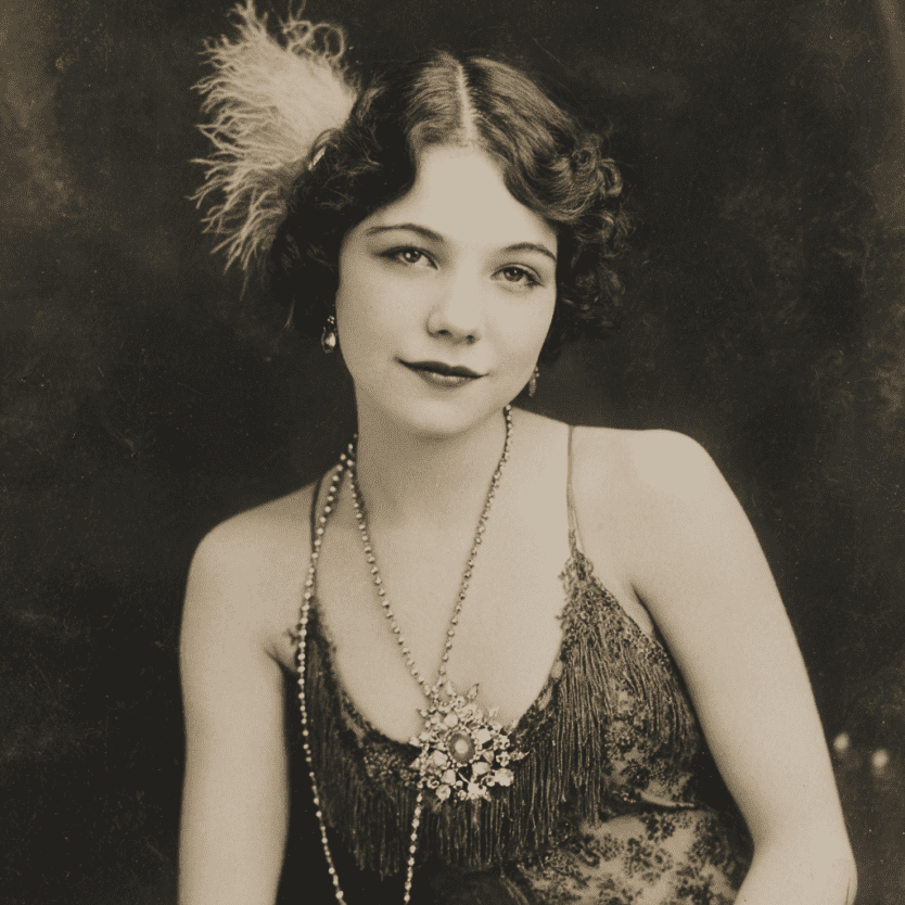 Image showing Art Deco brooch on 1920s flapper girl dress