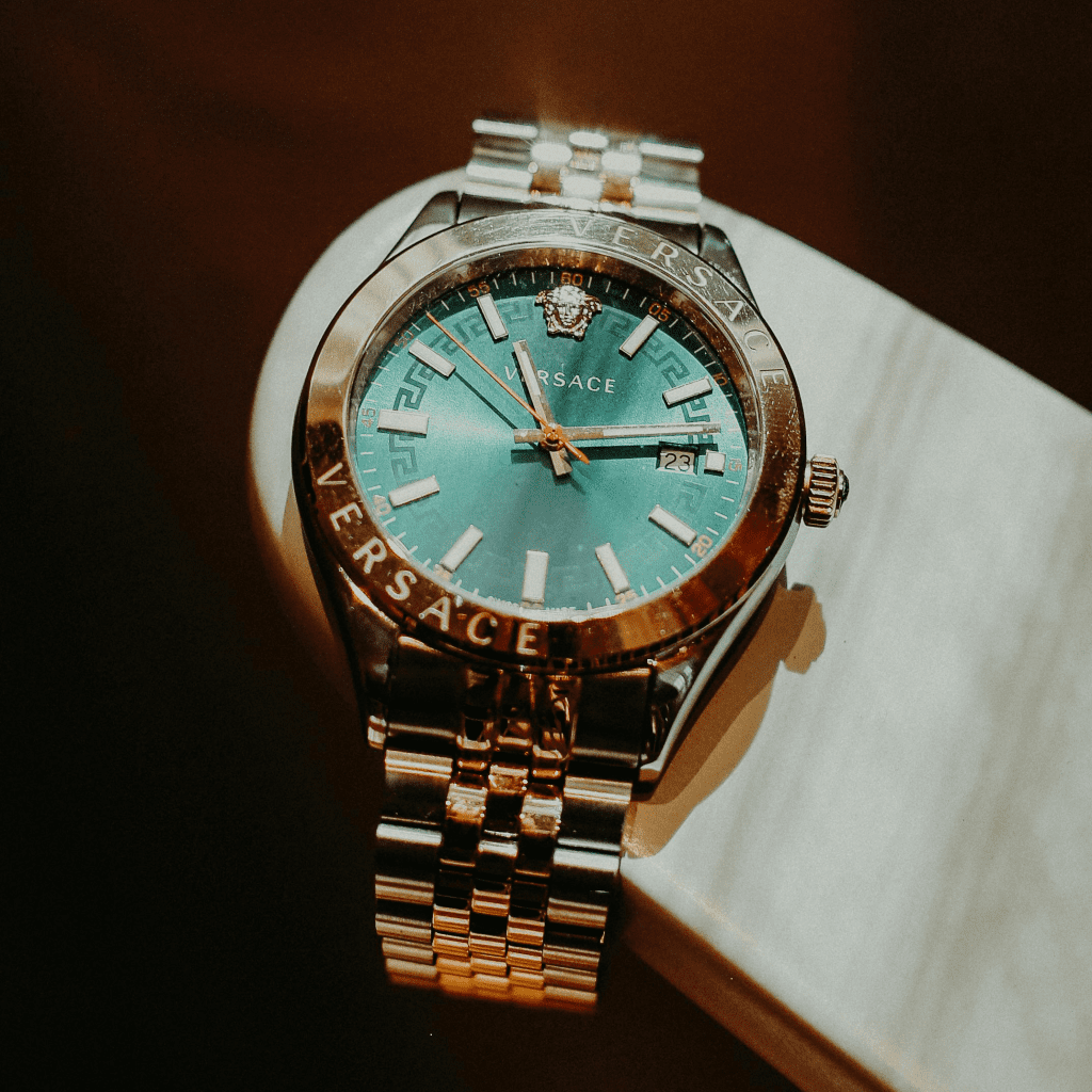 Image showing Versace watch with blue dial and medusa logo at 12 o'clock