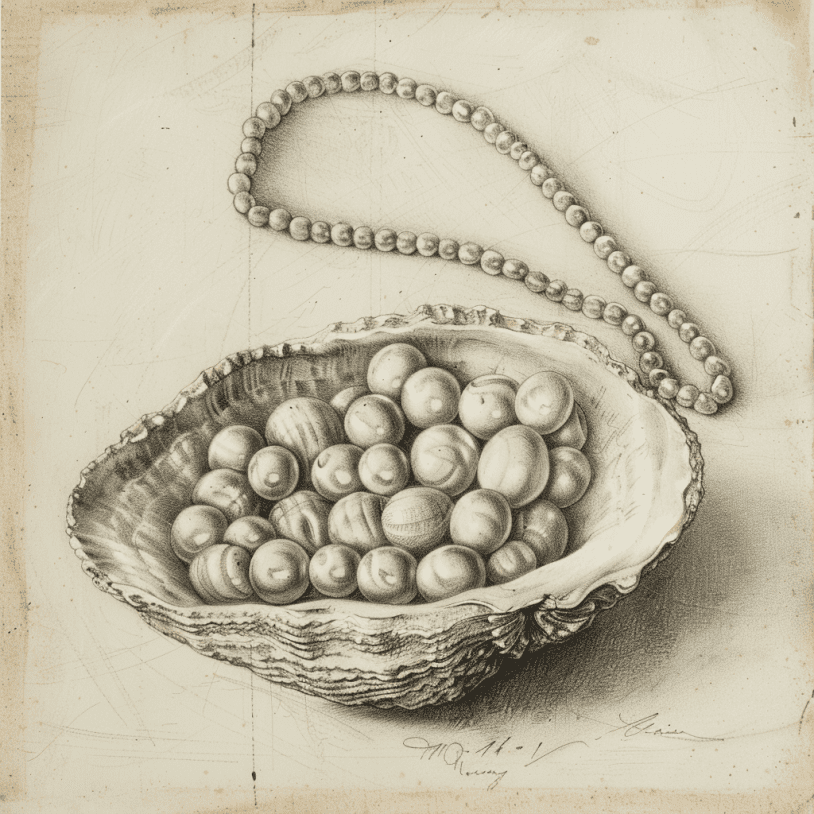 Image showing ancient drawing of pearls in oyster and pearl necklace