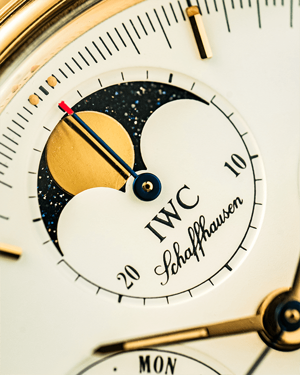 Macro Close Up of IWC Schaffhausen Timepiece Face Displayed for Authorized Watch Servicing